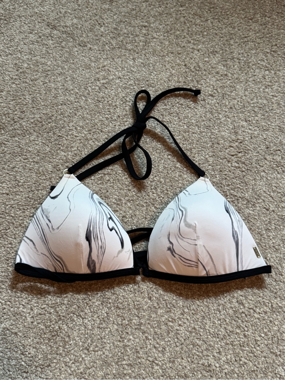 PINK Victoria's Secret White Marble Triangle Bikini Top with Black Trim